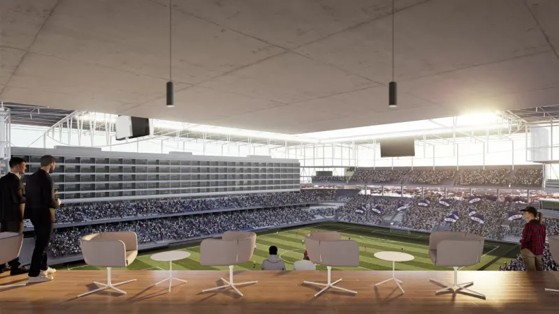 Render de un espacio interior con vista al estadio