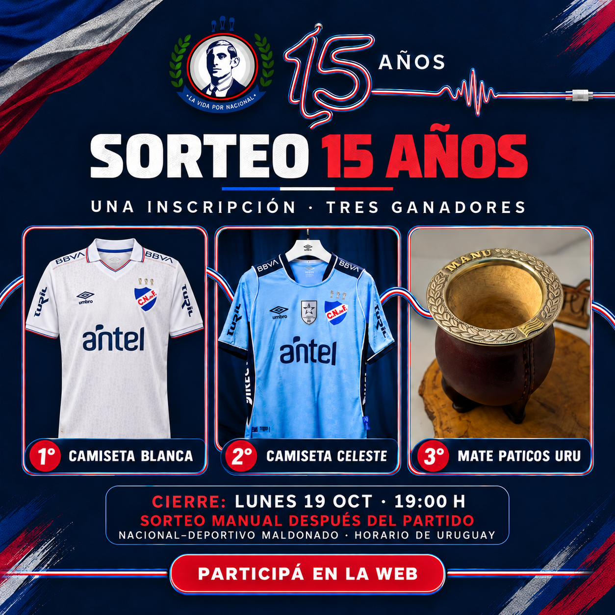 Sorteo 15 años: camiseta blanca, camiseta celeste y mate de Paticos Uru